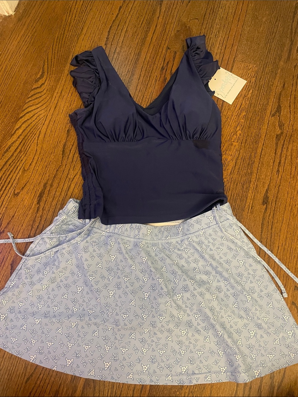 Navy Ruffle Strap Tankini Top and Light Blue Floral Skirt Swim Set